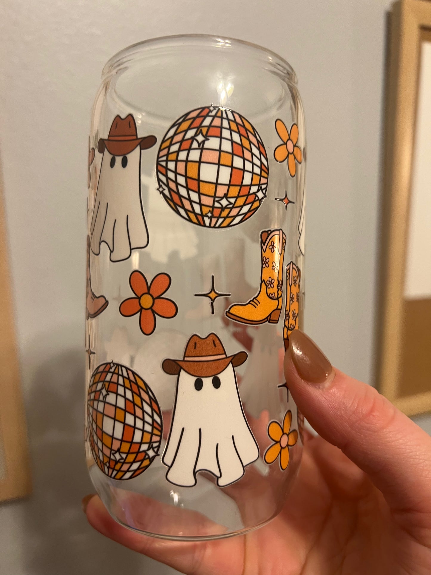 Western Ghost Theme Glass Cup w/ Lid and straw, Oopsie