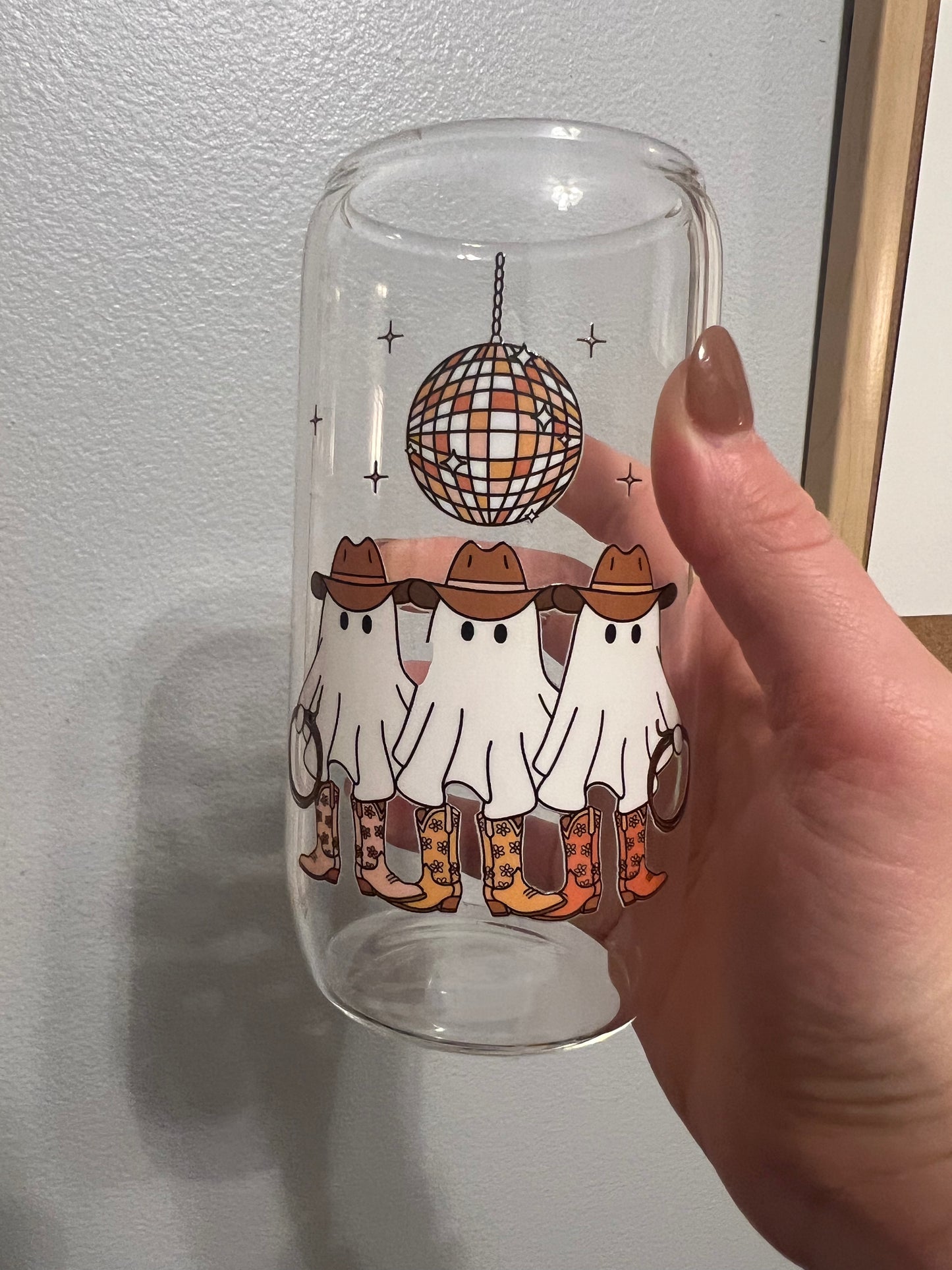 Western Ghost Glass Cup w/ Lid and straw, Oopsie