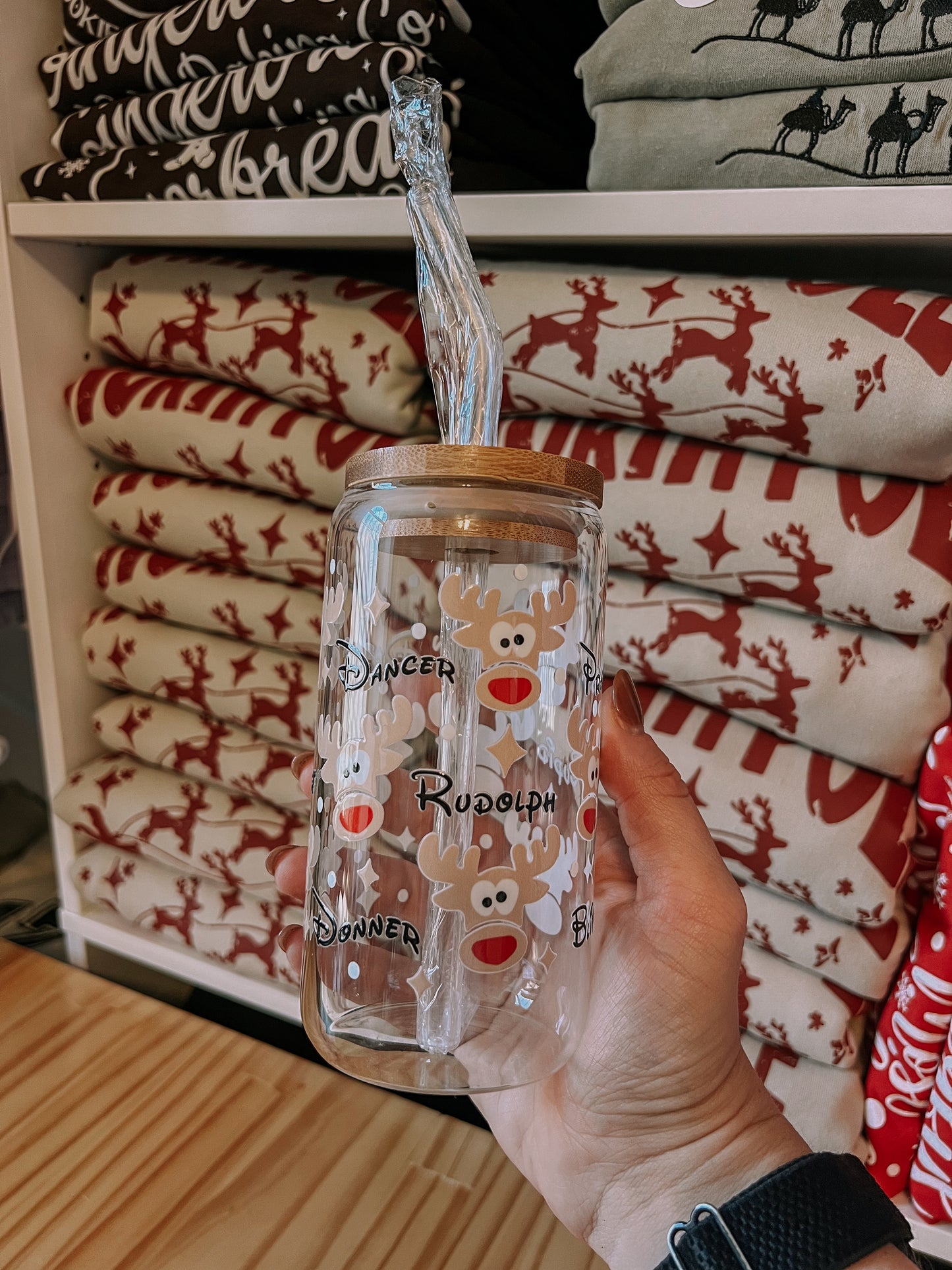 Santa's Reindeer Glass Cup