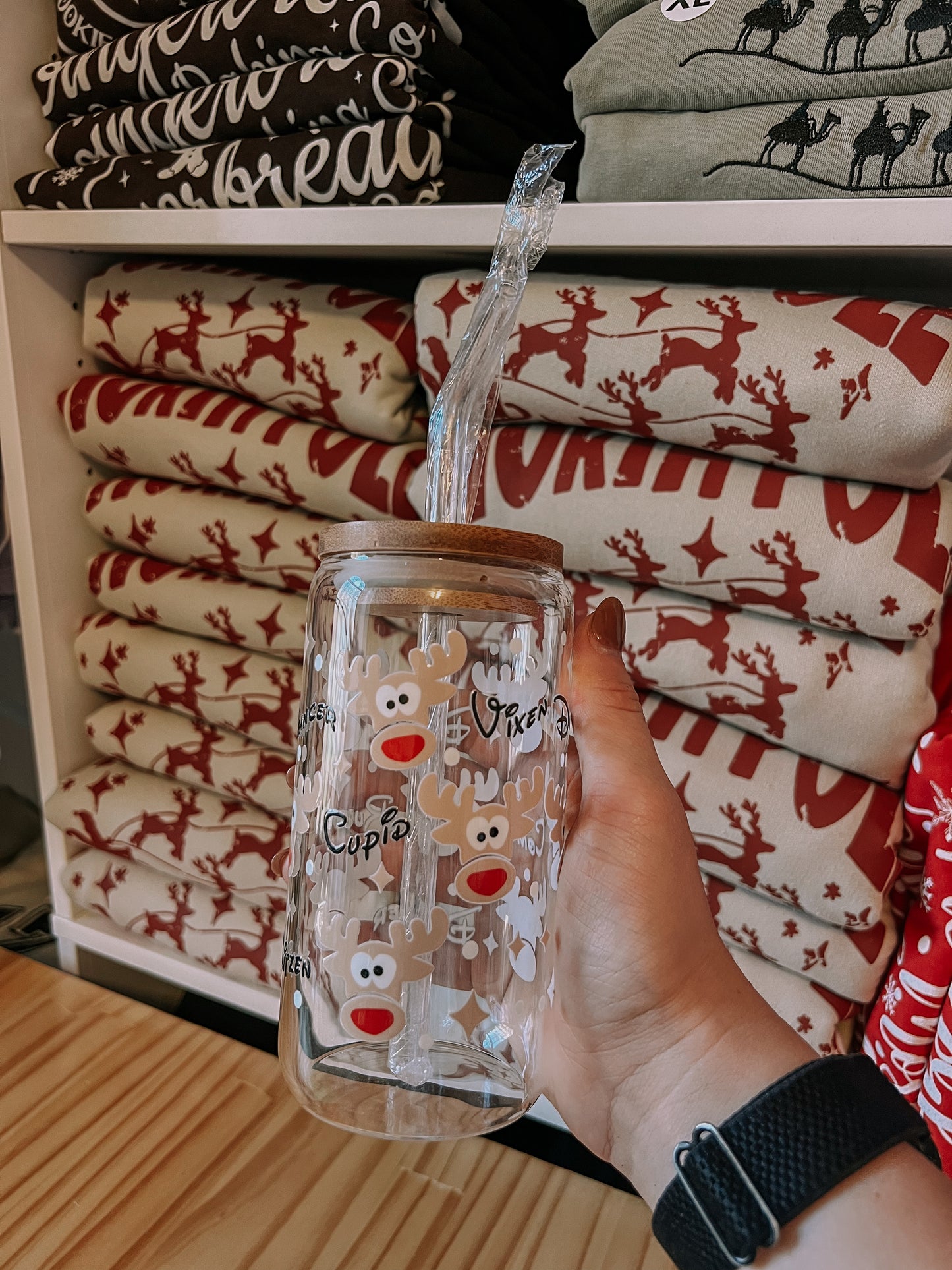 Santa's Reindeer Glass Cup