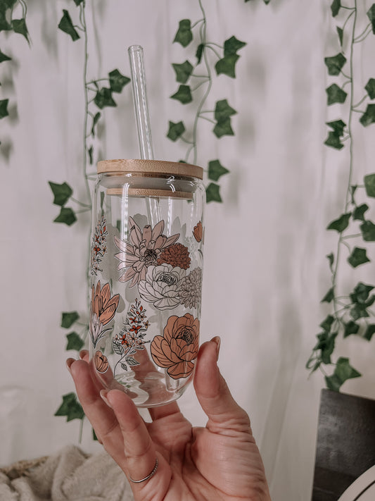 Boho Floral Glass Cup