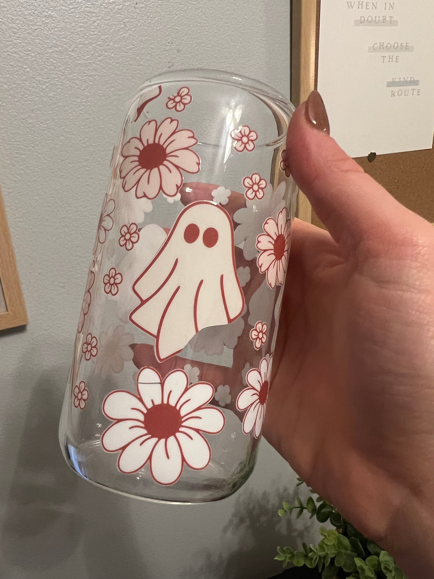 Neutral Ghost Glass Cup w/ Lid and straw, Oopsie