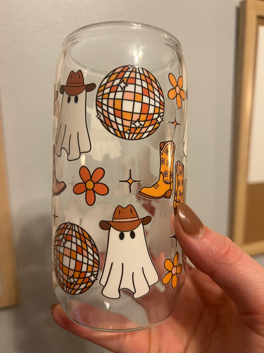 Western Ghost Theme Glass Cup w/ Lid and straw, Oopsie