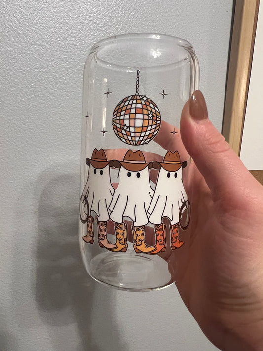 Western Ghost Glass Cup w/ Lid and straw, Oopsie