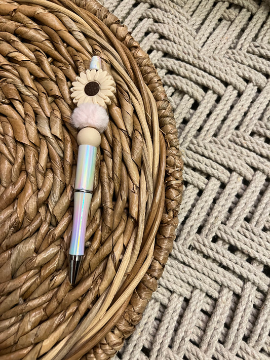 Tan Daisy & Pink Floof Pen