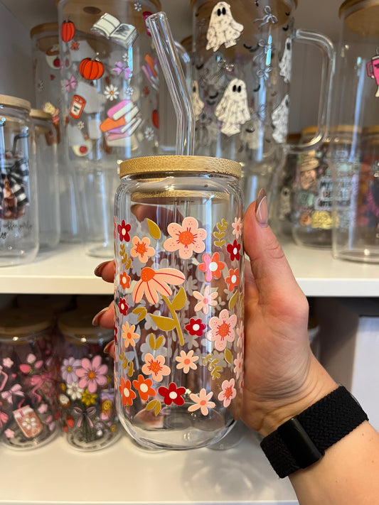 Orange Florals Glass Cup